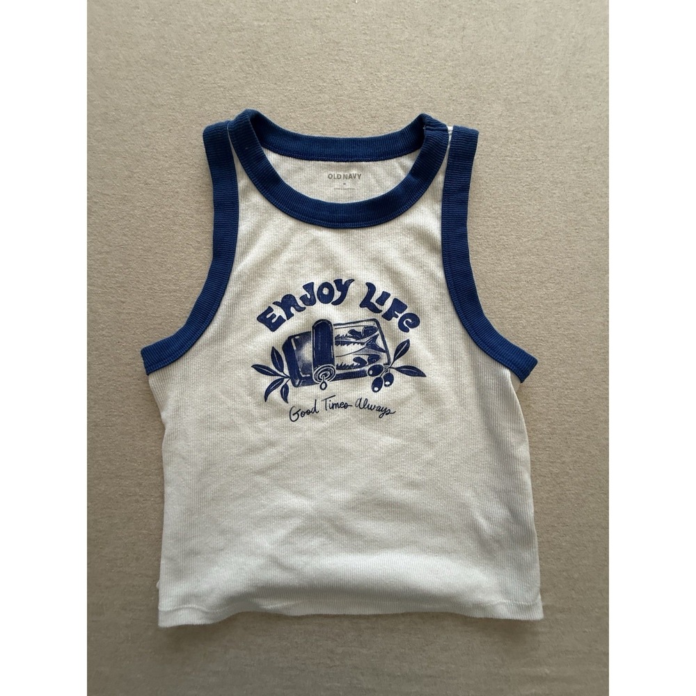 Old V navy Blue White Woman's Medium Crop Top Tahitt Enjoy Life